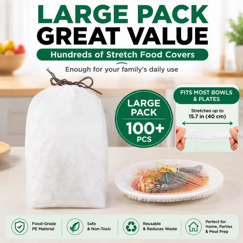 Large pack of stretch food covers beside a covered plate