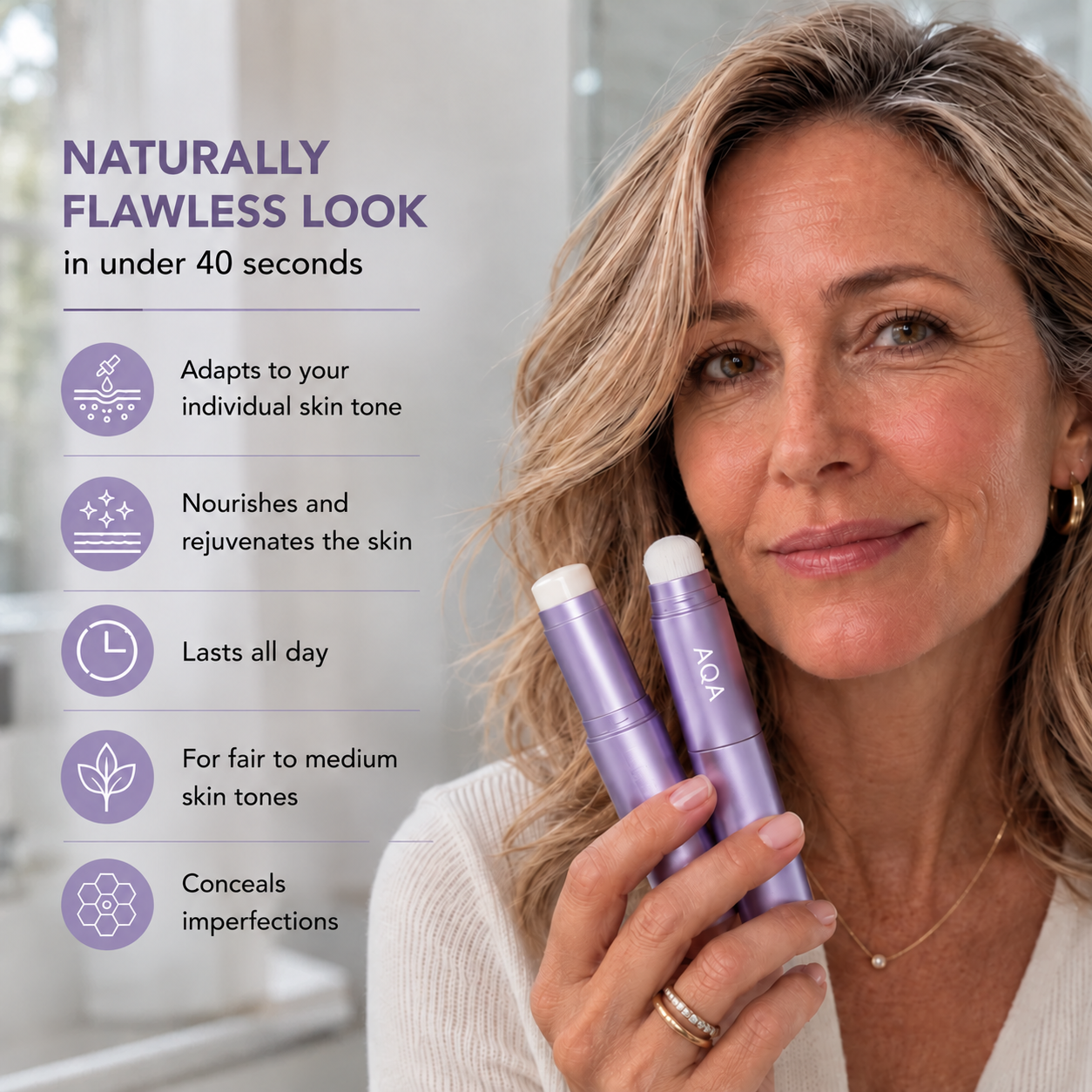 Woman holding the purple changing foundation stick