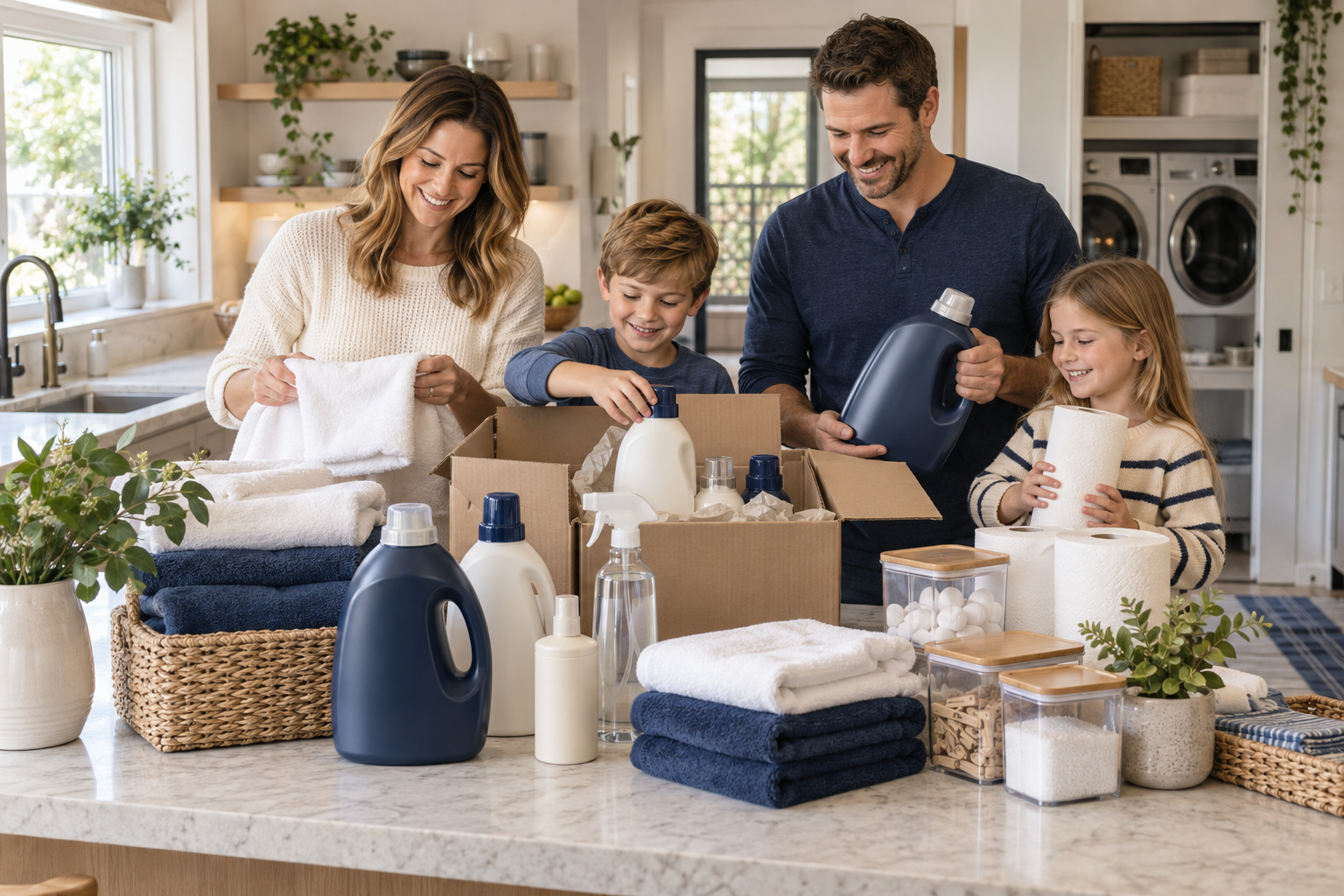 A family organizing useful household essentials
